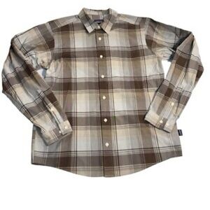 Patagonia Men's Brown/light blue Plaid Shirt size XS